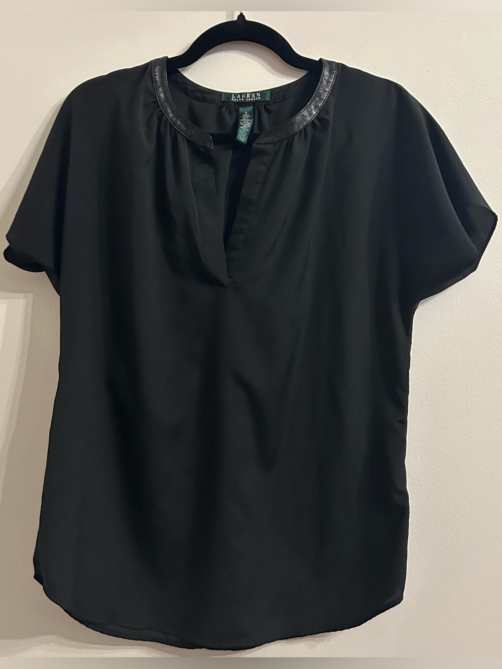 Lauren Ralph Lauren Black Short-Sleeve Blouse Faux-Leather Trim Neckline Small